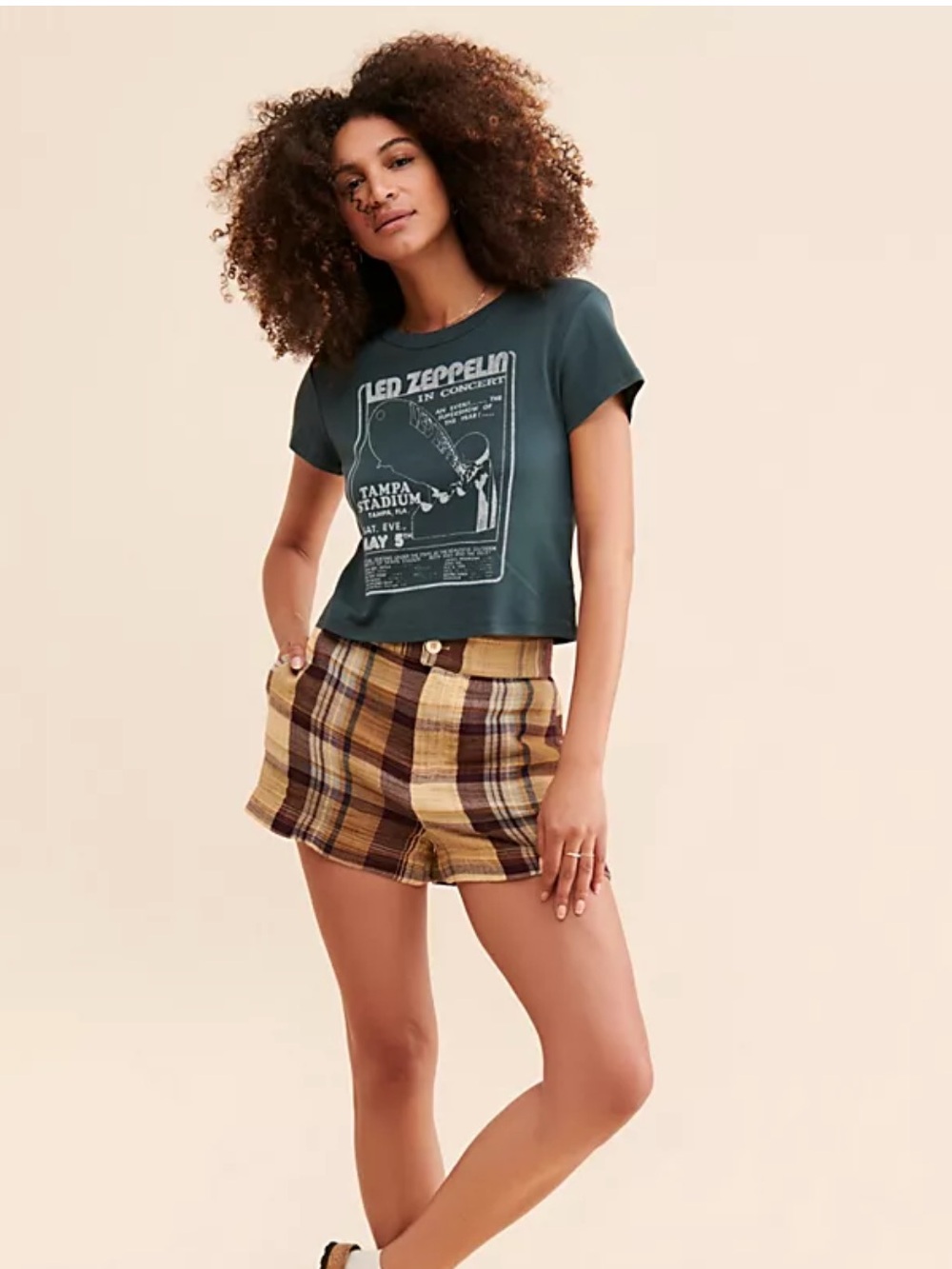 Free People Island Plaid High Waist Shorts in Mustard & Brown
